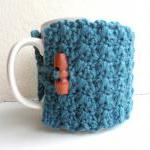 Crochet Mug Cozy Cup Cozy Teal Blue Yarn Wooden..