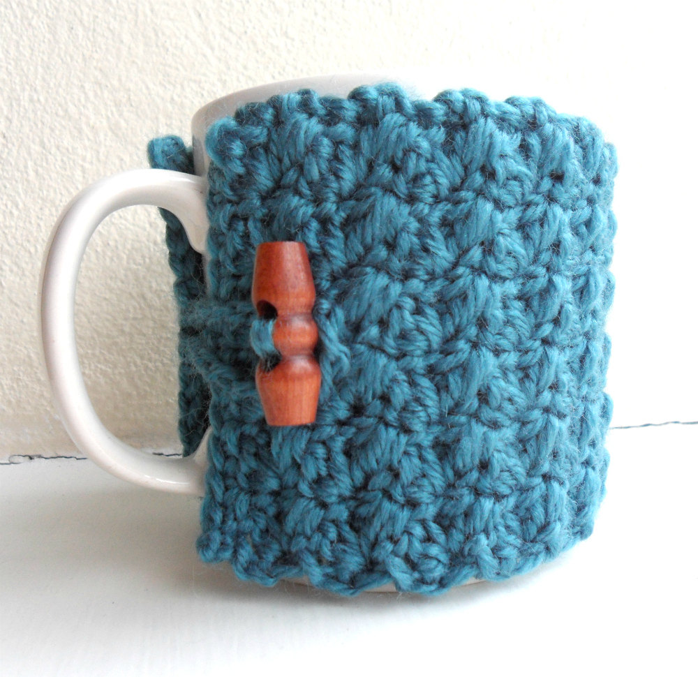 Crochet Mug Cozy Cup Cozy Teal Blue Yarn Wooden Toggle